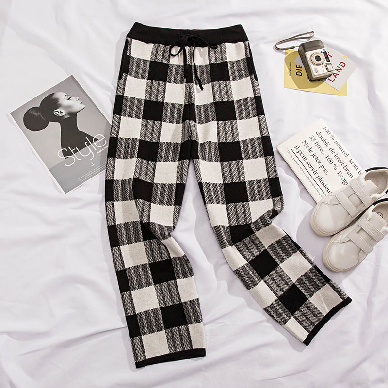 Nomikuma Autumn Wnter Thicken Knitted Pants Korean Black White Plaid Sweater Trousers Causal Lace Up Waist Anke Pants 6C979 210427