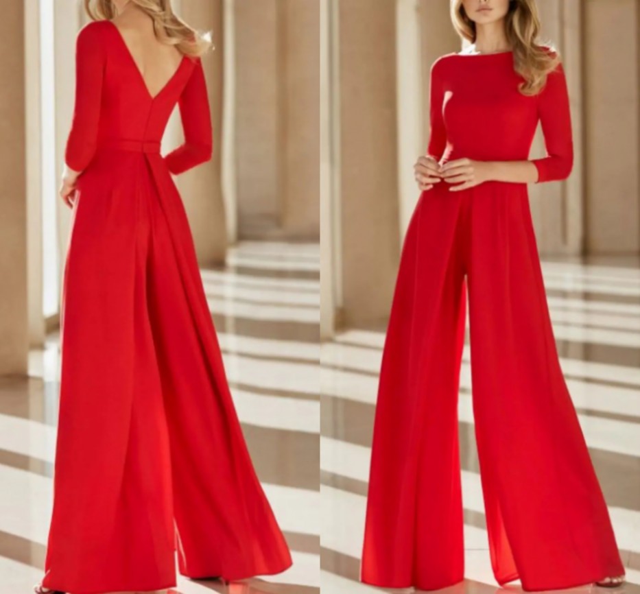 Red Jumpsuits Open Back Evening Dress 2022 Jewel Neck Floor Length Chiffon Prom Formal Gown Robes De Soirée Vestidos