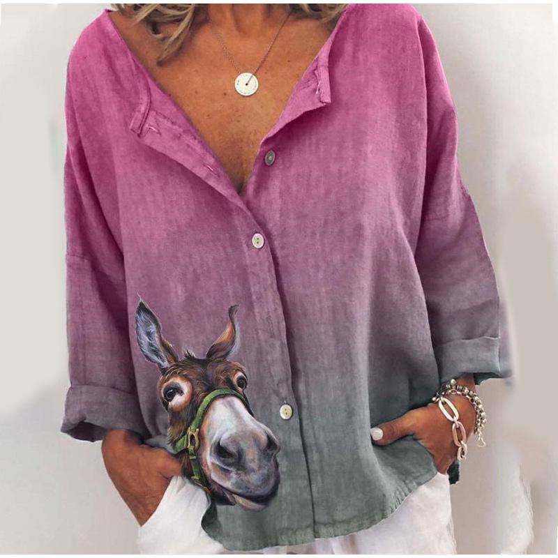 Autumn Women's Shirts Gradient Streetwear Donkey Print Loose Ladies Tops Long Sleeve Oversized Summer Female Casual Top Blouses &