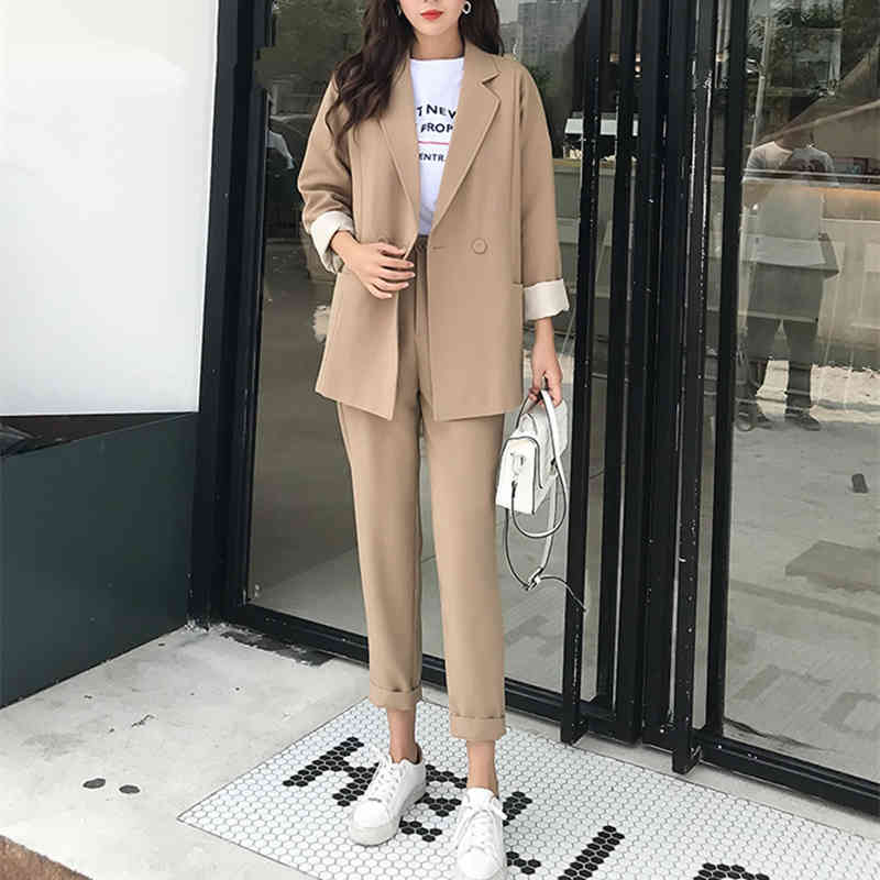 Comelsexy Autumn Winter Khaki Women Pant Suits Double Breasted Pocket Notched Blazer & Pant Office Wear Suit Female Set 210515
