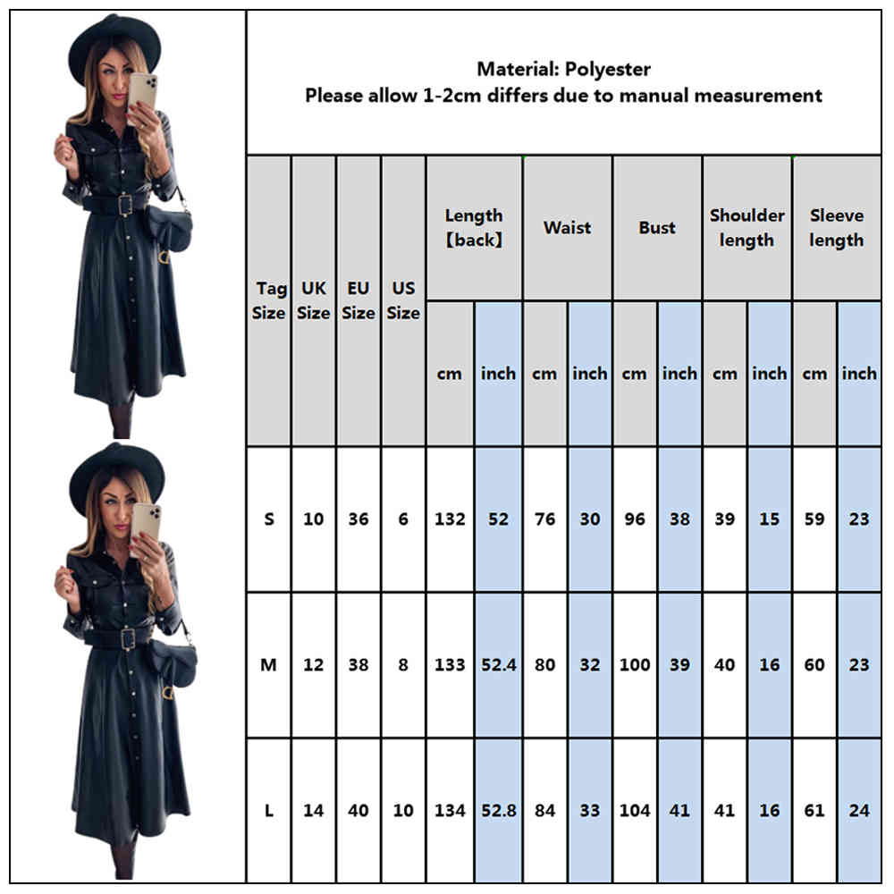 Leather Shirts Dress Casual Ladies Lapel Buttons Black PU Dresses with Belt New Spring Autumn Long Sleeve Women Maxi Dress LJ201204