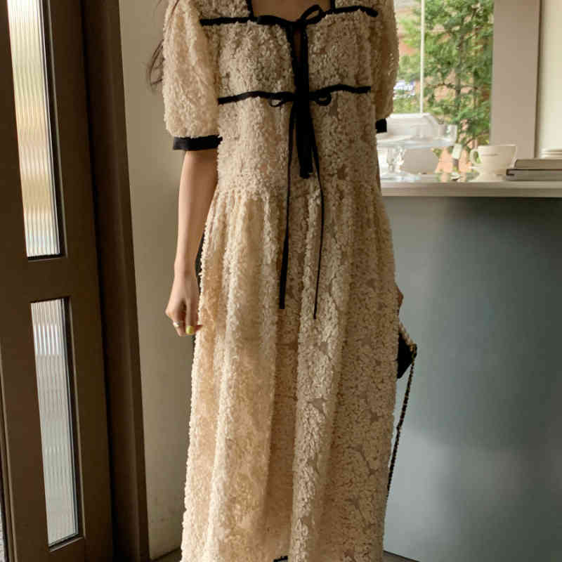Nomikuma Korean Chic Elegant Woman Dress Rose Jacquard Hit Color Bow Tie Vestidos Femme Puff Sleeve Square Collar Dresses 6H131 210427