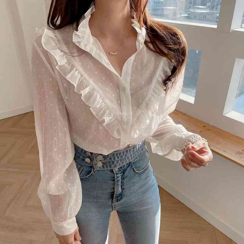 Women Long Sleeve Shirt Spring Ruffled Chiffon Blouse Vintage See Through Single Breasted Ropa De Mujer 13575 210427