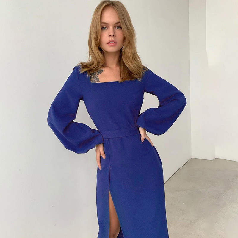 Women Dress Square Collar Lantern Sleeve Split Vintage Dresses Blue White Long Sexy Asymmetry 210513