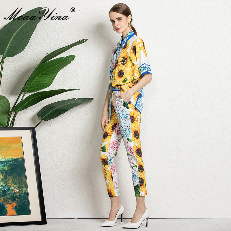 Runway Elegant Floral print Vintage Set Women's Summer Short sleeve Loose Blouses Tops and Pants Two-piece suit 210524
