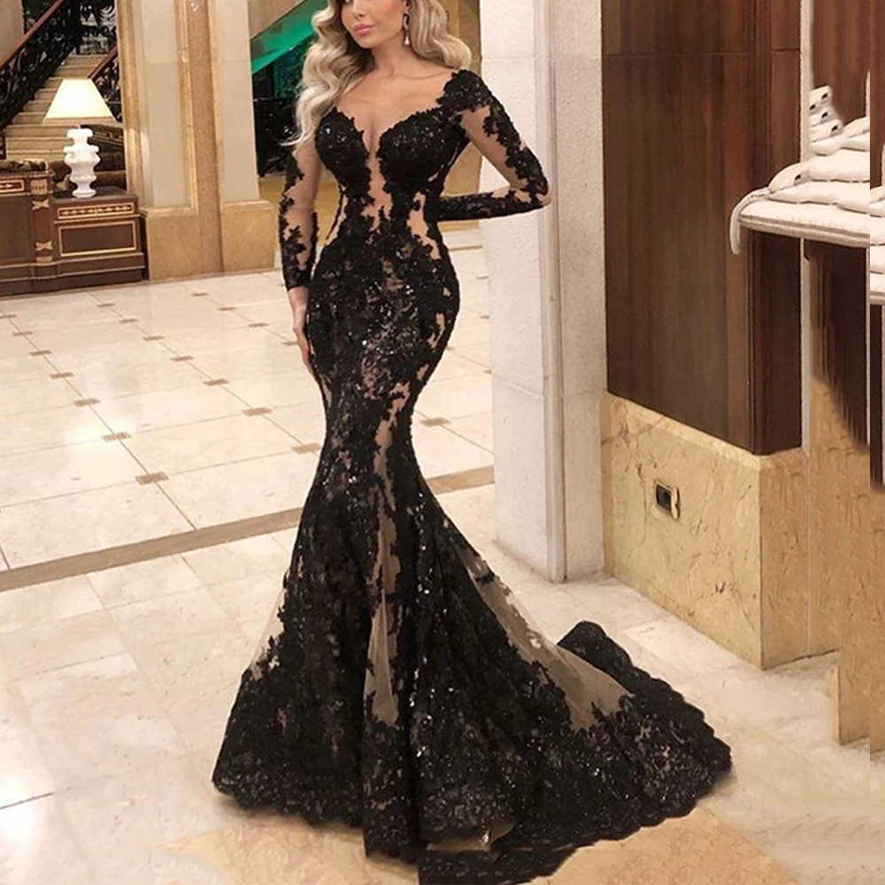 Aso Ebi Arabic Dubai Black Lace Mermaid Formal Evening Dresses 2022 Full Sleeves Appliques Beads Illusion Long Celebrity Party Gowns Prom Dress Specia