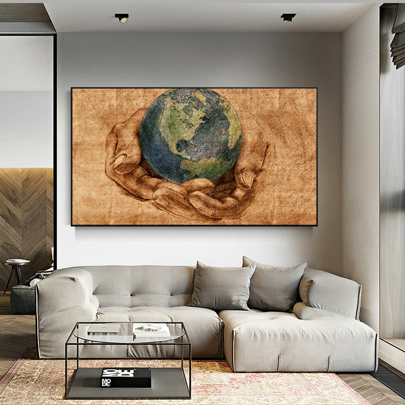 Earth on Hands Vintage Decorative Paintings Retro Posters Wall Art Pictures For Living Room Canvas Prints Home Decor