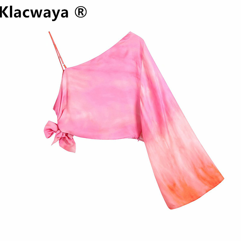 Women Sexy Tie Dyed Printing Asymmetric Short Shirt Ladies Bow Casual Slim Blouse Roupas Chic Summer Crop Tops 210521