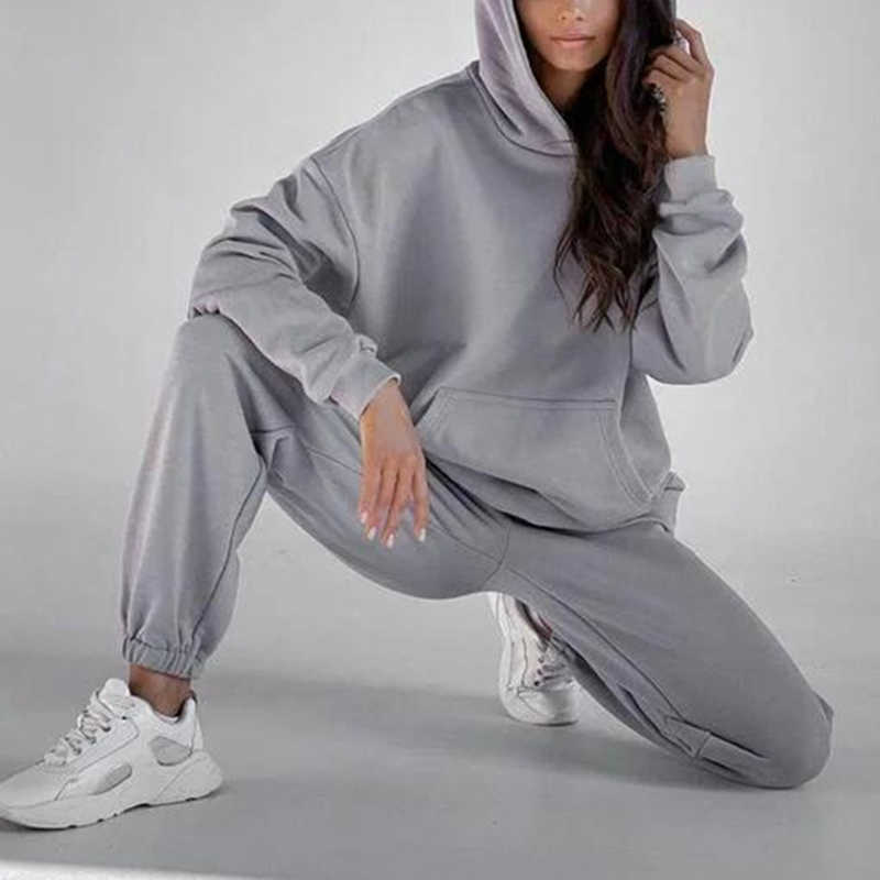 SpotLtWM Casual Women Fleece Tracksuit Autumn Winter Loose Suits Hoodies Pullover Sweatshirt And High Waist Pants Two Piece Set 211007