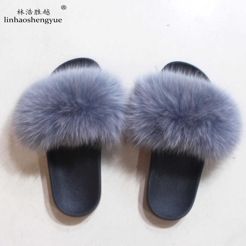 Slippers Linhaoshenyue Real Fur Slipper For Women, Black
