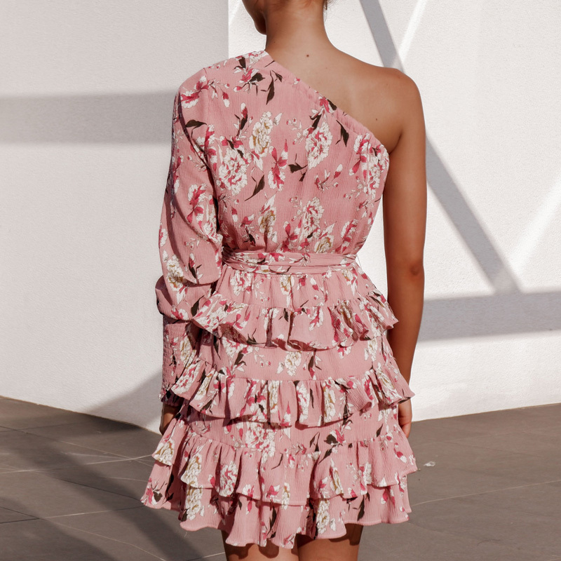 Summer Boho Beach Dress Women Long Sleeve One Shoulder Floral Print Chiffon Party Elegant Ruffles Sexy Mini Robe Ete 210515