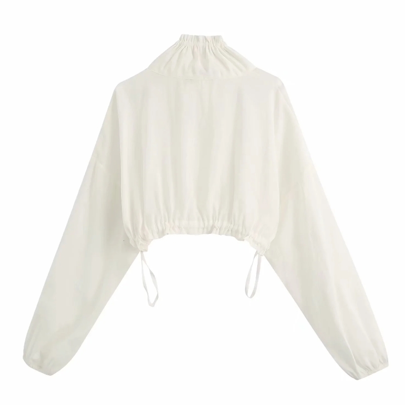 Casual Women High Collar Loose Short Blouse Crop Top Stylish Female Long Sleeve White Shirt S7333 210430