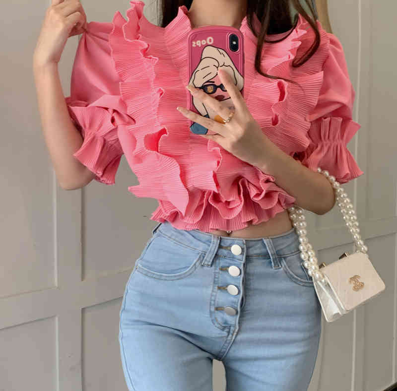 Summer Cascading Ruffles Sexy V-Neck Puff Sleeve Women Sweet Solid Color Chic Pullover Blouse Top 210519
