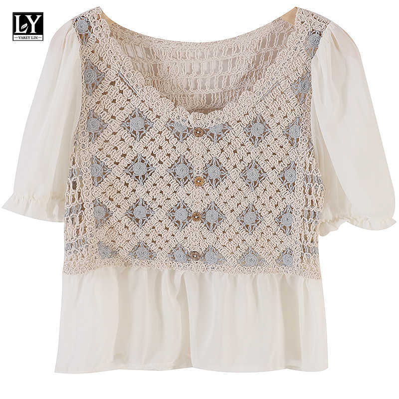 LY VAREY LIN Summer Women Sweet V-neck Lantern Sleeve Female White Shirts Tops Casual Hollow Out Crochet Short Chiffon 210526