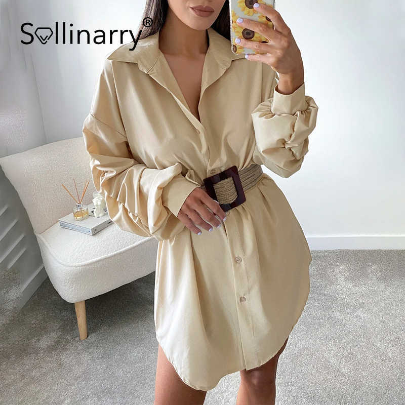 Sollinarry High street pleated lantern sleeves lace up women dress Buttons solid loose mini dresses Elegant long sleeves vestido 210709
