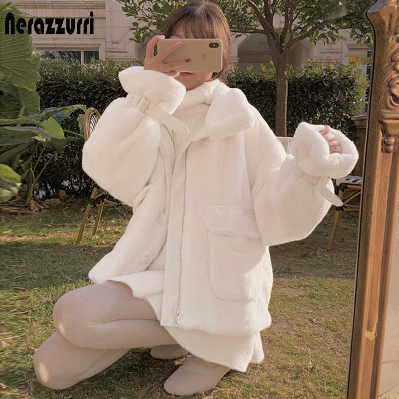 Nerazzurri Kawaii white soft fluffy faux fur jacket women long sleeve zipper pockets Pink coats and jackets fashion 210928