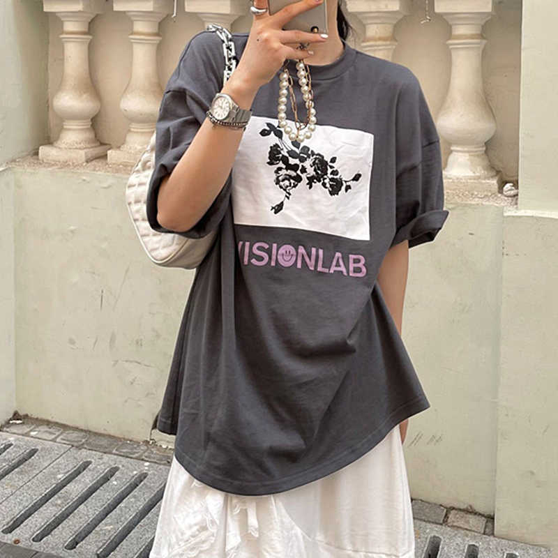 Korejpaa Women T-Shirt Summer Korean Chic Casual Round Neck Letter Flower Print Loose Versatile Short-Sleeved Pullovers 210526