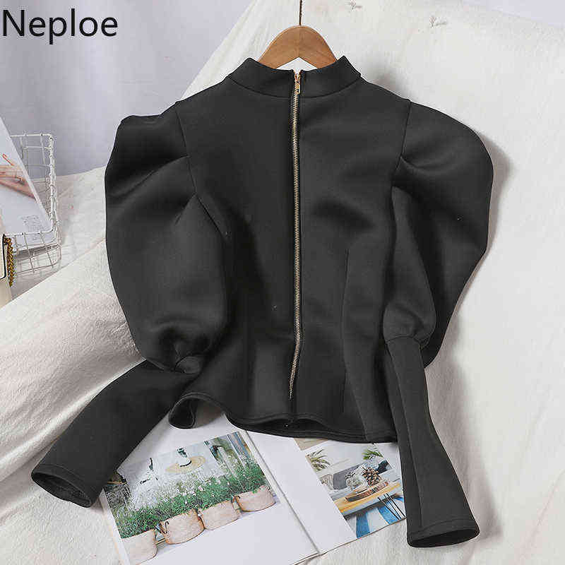 Neploe Sweatshirt Fall Clothes Women Fashion Hoodies Puff Sleeve Zipper Hoodie Shirt Korean Vintage Winter Woman Cropped Tops 211109