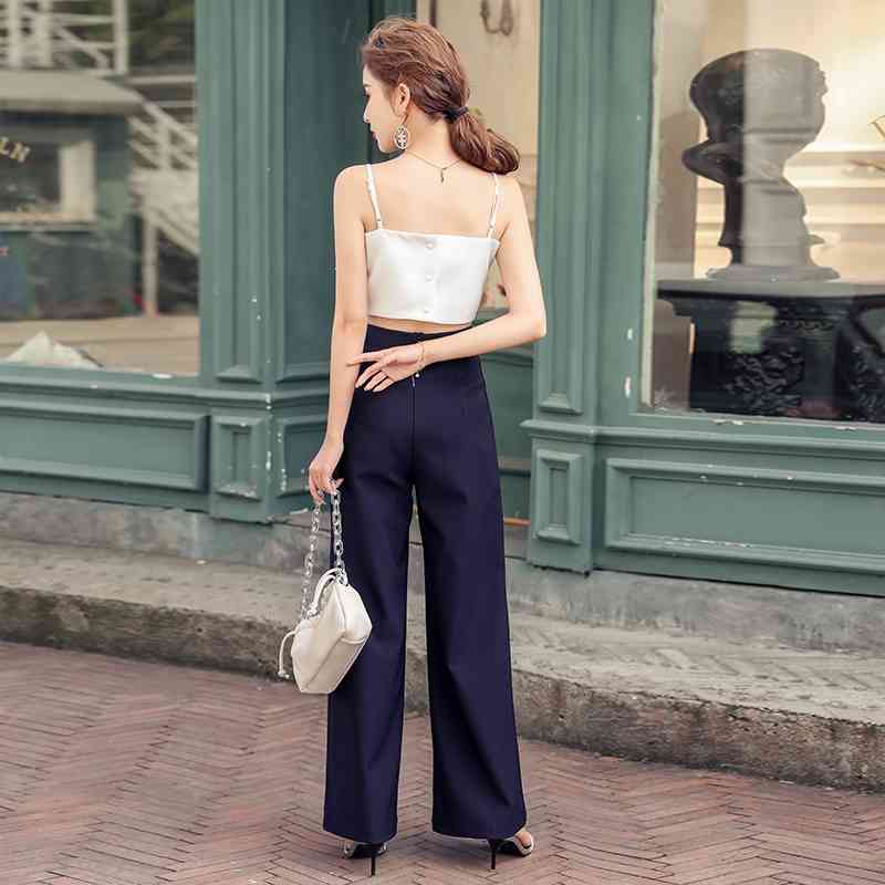Summer Fashion Women Two Piece Sets Sexy Spaghetti Strap Short white Bow Top +High Waist Black Pants Suit 210520