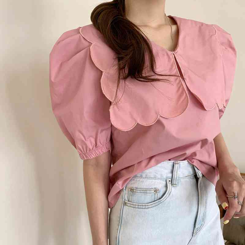 Korean Sweet Peter Pan Collar Woman Shirts Summer Puff Short Sleeve Women Blouse Tops Casual Clothes Blusas 13848 210508