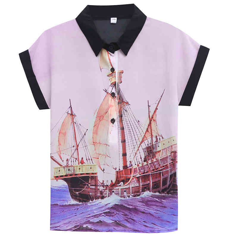 Summer Women's blouses fashion print short sleeve chiffon blouse women shirts turn down collar office ladies tops 4560 50 210508