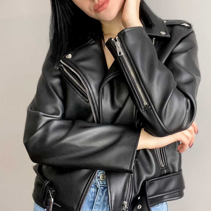 Ailegogo Autumn Women Black Pu Faux Leather Jacket Streetwear Moto Biker Slim Fit Turn Down Collar Coat Outwear with Belt 210909