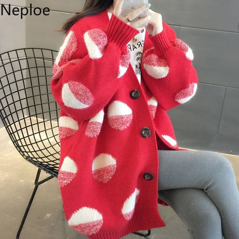 V Neck Print Cardigans Single Breasted Lantern Sleeve Women Sweater Autumn Winter Clothes Oversized Outwear 210422