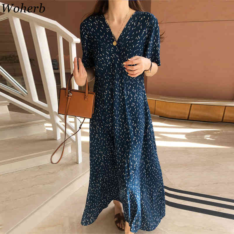 Korean Chic Maxi Dress Women Summer Short Sleeve V Neck Floral Printed Vestidos Elegant Loose High Waist Vintage Dresses 210519
