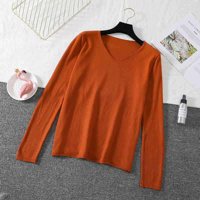 V Neck Sweater Women's Pullover Casual Slim Bottoming Sweaters Female Elastic Long Sleeve Tops Femme 7336 50 210427