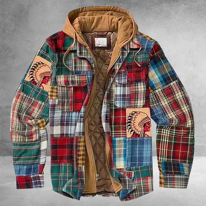 Men Retro Vintage Spring Winter Long Sleeve Plaid Shirt Jacket For Checked Coat Overcoat Hooded Pocket 211008