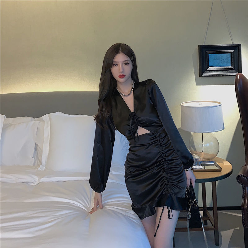 Elegant Satin Shirt Dress Women Long Sleeve V-Neck Casual Sexy Party Mini Y2k Dress Female 20221 Spring Dress Korean 210521