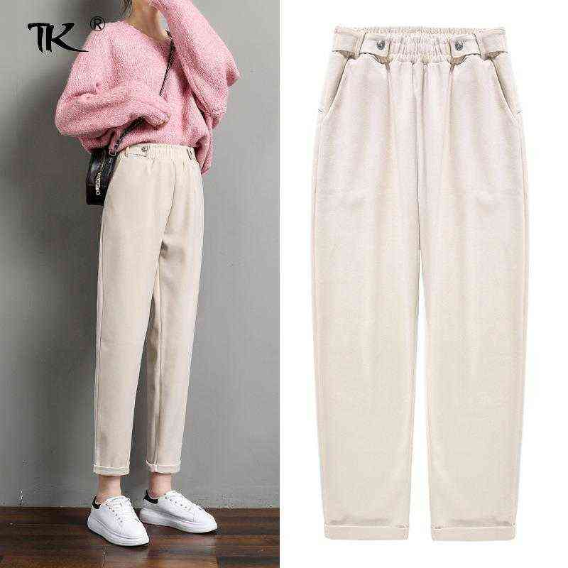 Women's Elastic High Waist Harem Pants Wide Leg Wool Trousers Slim Basic Female Solid Pant Thick Casual Autumn Winter 211124