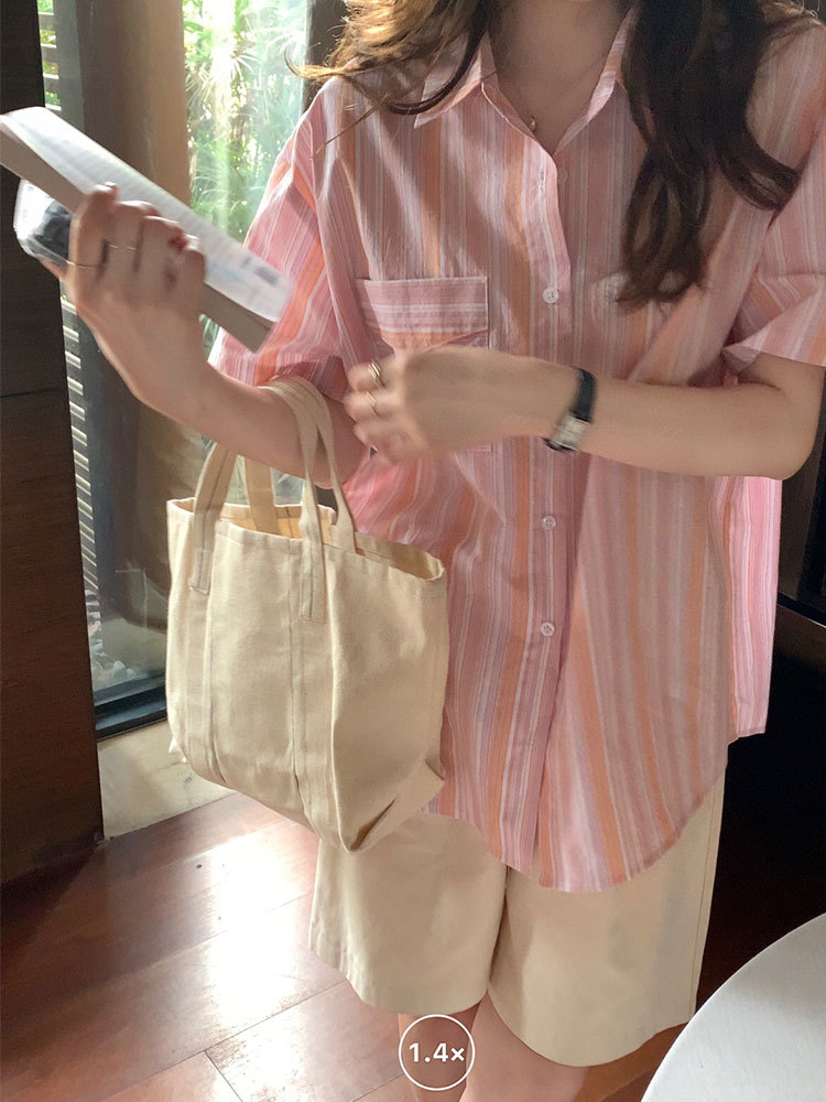 2Colors korean style Colorful stripe short sleeve blouse women Shirt Cardigan loose Cotton summer tops (x1927) 210508