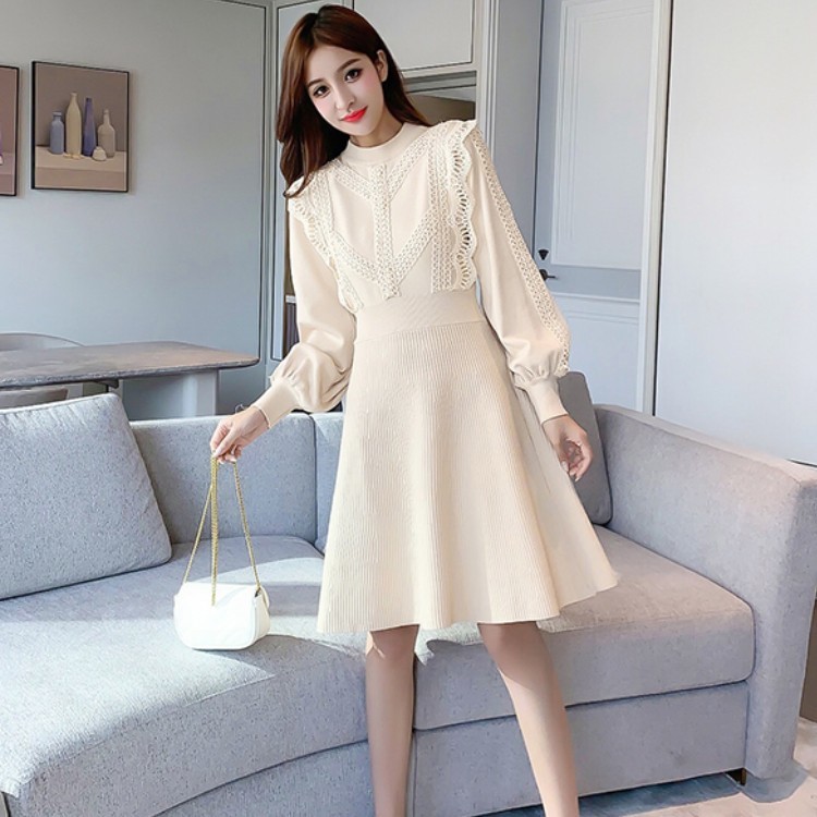 Autumn Winter Elegant Lace patchwork Sweater Dress Vintage Women lantern Long Sleeve A Line thick Knit chic mini female 210519