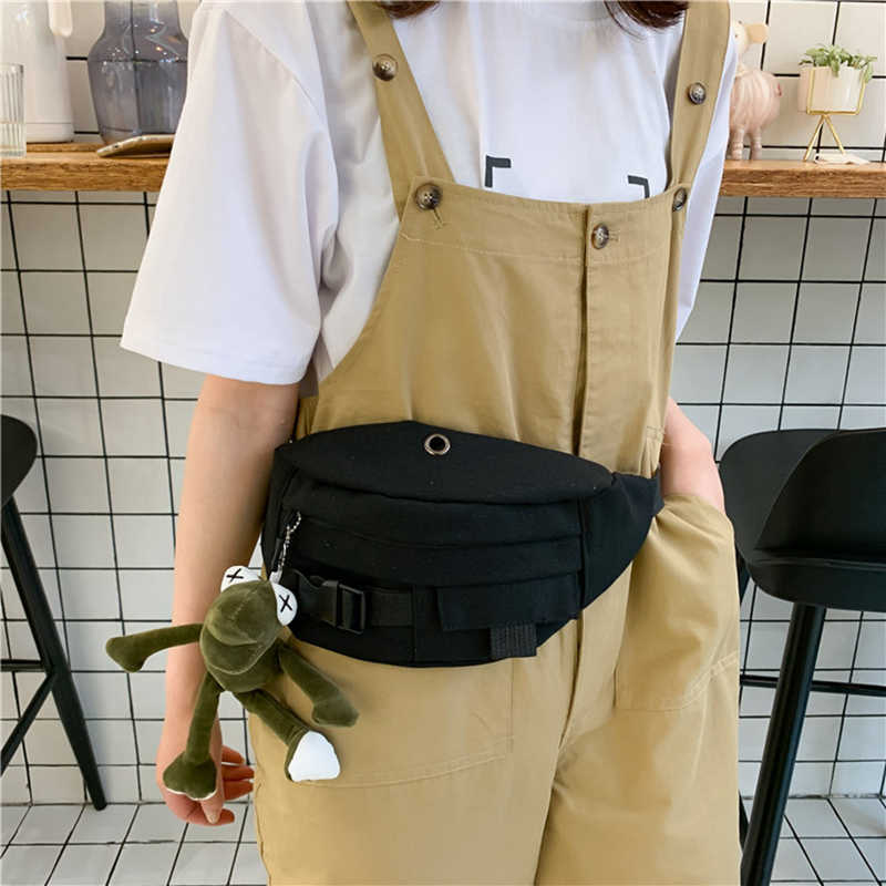 Waist Belt Bag Female Harajuku Style Slung Canvas Casual Running Sports Chest White Fanny Pack Black Bum 210708