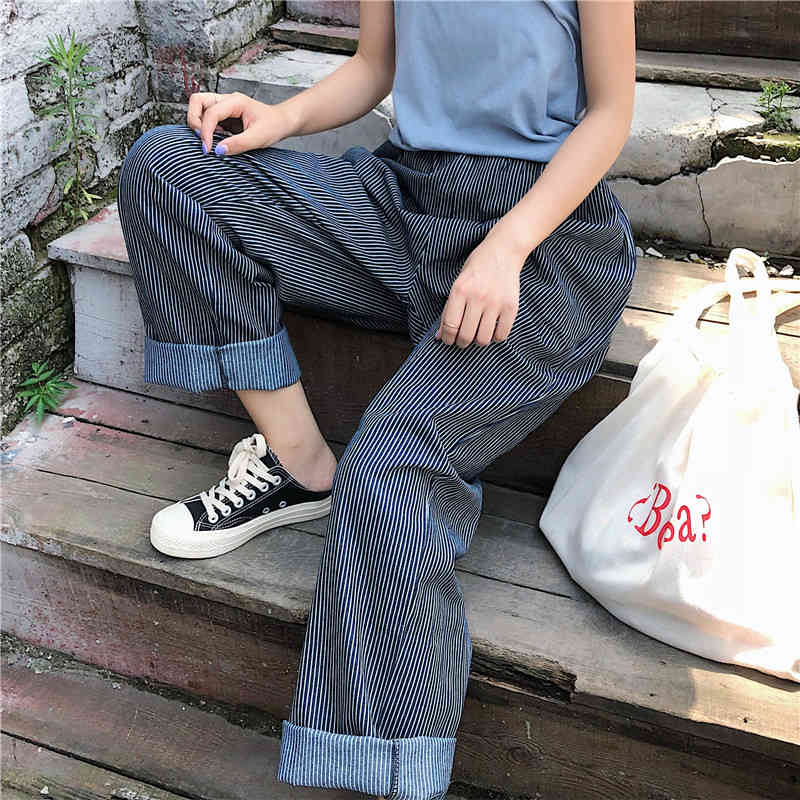 Nomikuma Vintage Striped Wide Leg Pants Korean Stretch High Waist Long Trousers Autumn New Causal Women Pants Mujer 6C742 210427