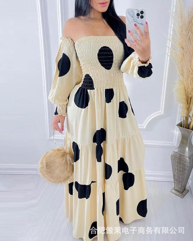 Casual Dresses Women Off Shoulder Polkadot Backless Print Shirring Detail Fit And Flare Maxi Dress