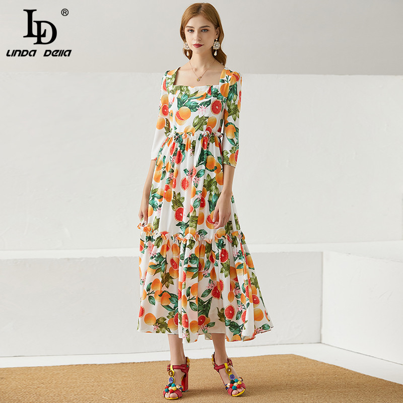 Bohemia Vacation Midi Dress Women Fashion Runway Summer Square collar Red pomelo Print Vintage cotton 210522