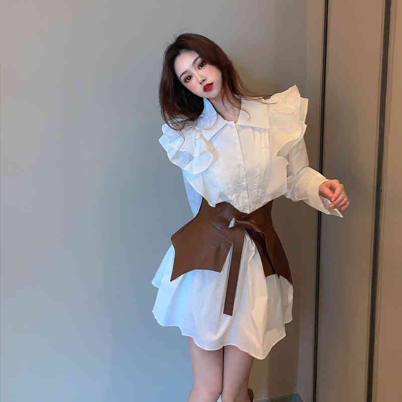 Elagant Women Mini Shirt Dress Lantern Long Sleeve Lady Short Turndown Collar Party Female es Vestidos 210519