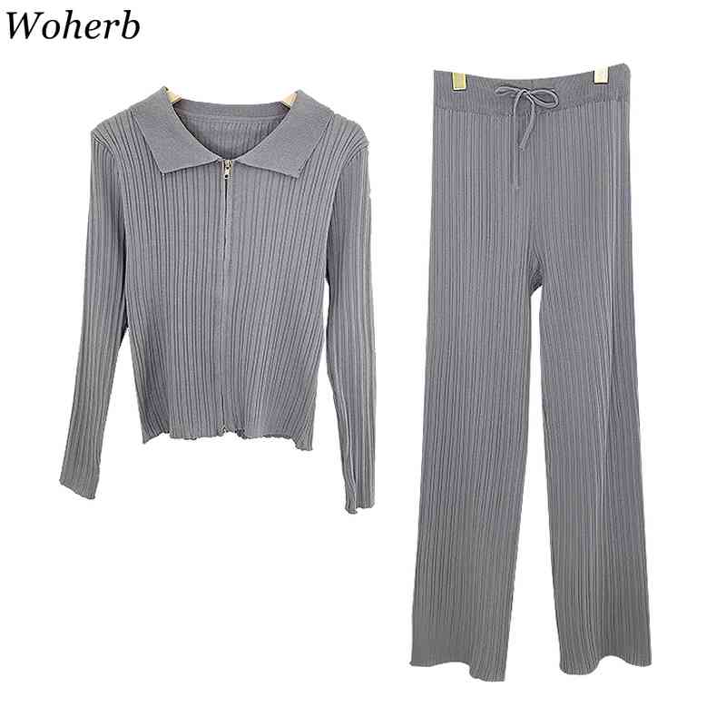 Women Zipper Knitted Cardigans Sweaters + Wide Leg Pants Sets Female Fashion Jumpers Trousers Set Korean Casual Outfit 210519