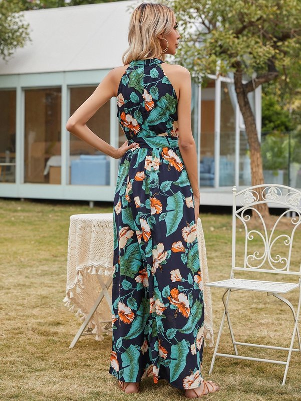Tropical Print Halter Neck Maxi Dress SHE