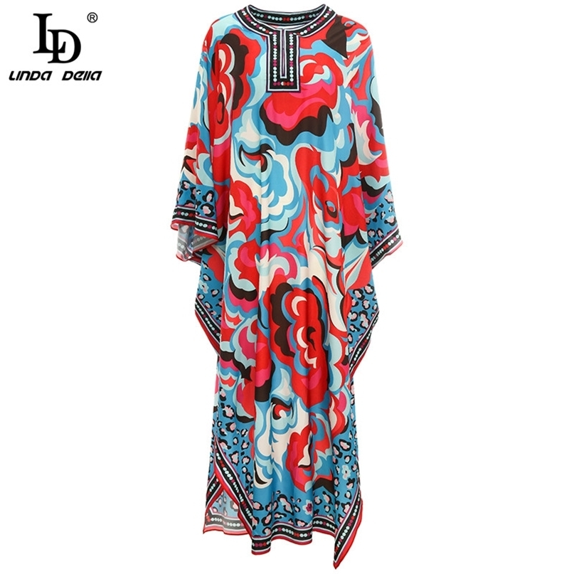 Fashion Runway Loose Plus Size Long Dress Women's Batwing Sleeve Multicolor Printing Chiffon Vintage Maxi Dresses 210522
