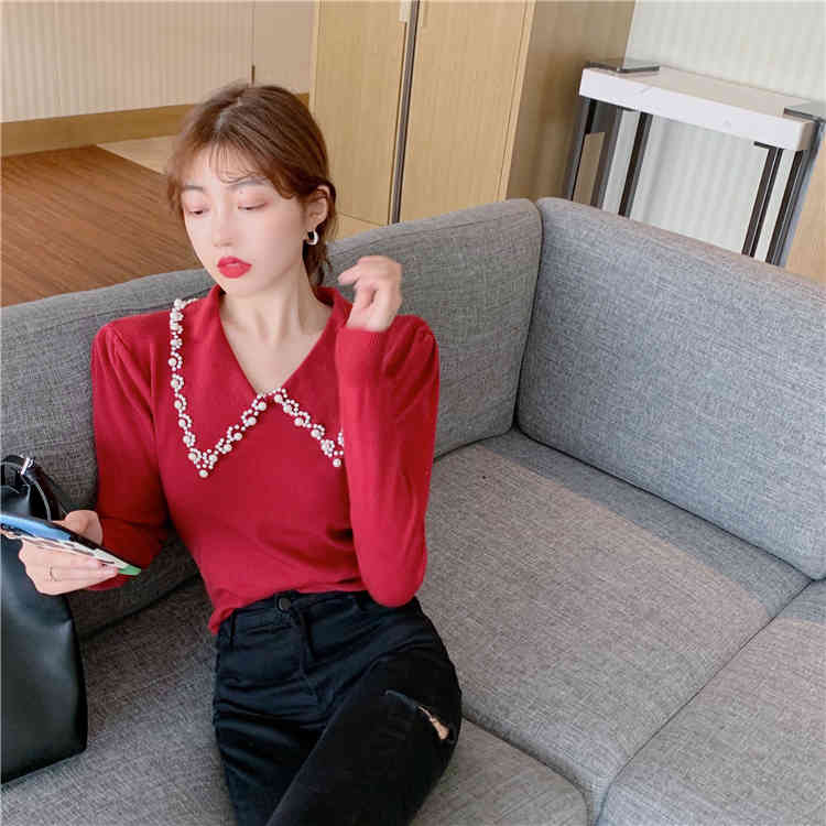 Vintage Women Sweet Peter Pan Collar Beading Office Lady Korean Fashion Elegant Casual Long Sleeve Chic Knitted Sweaters 210519
