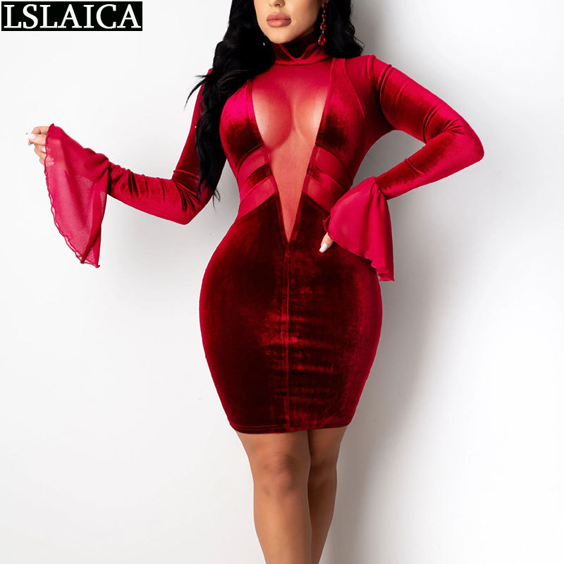 Solid Color Dresses Fashion Long Sleeve Mesh Patchwork for Women Sale Skinny Sexy & Club Mini Kleider Damen 210515