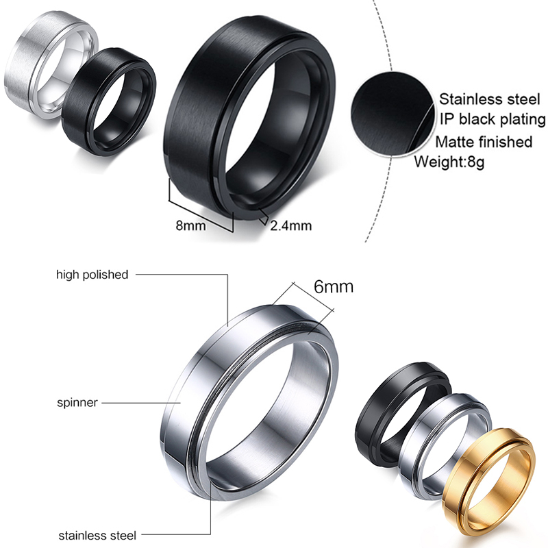 Vnox 8Mm Rotatable Basic Ring For Men Black Stainless Steel Casual Male Anel Stylish Punk Spinner Alliance Jewe