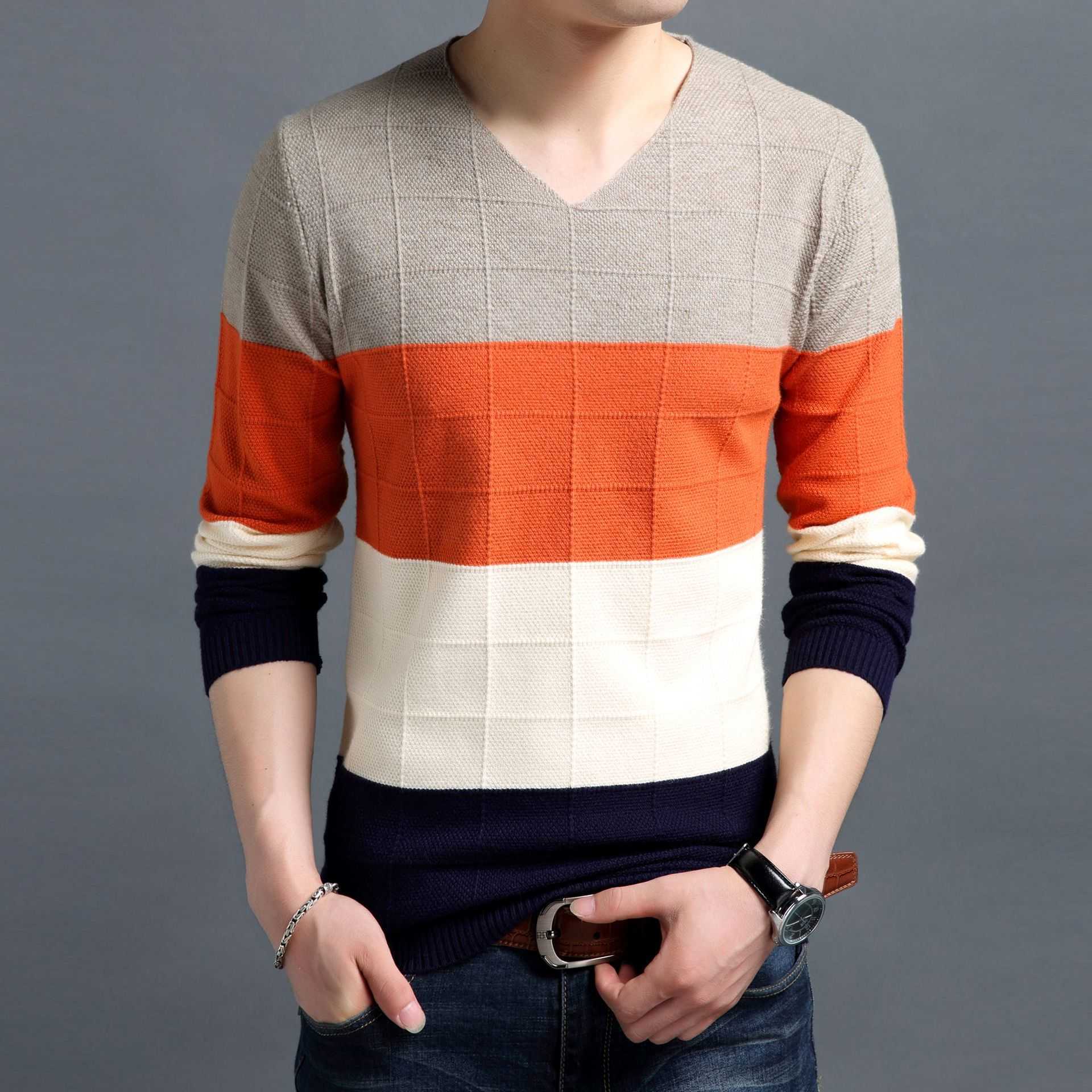 Men Pullover Fashion V Neck Spring Autumn Slim Fit Knit Patchwork Striped Male Sweater Casual Jumpers Outwear Full Sweater 210818