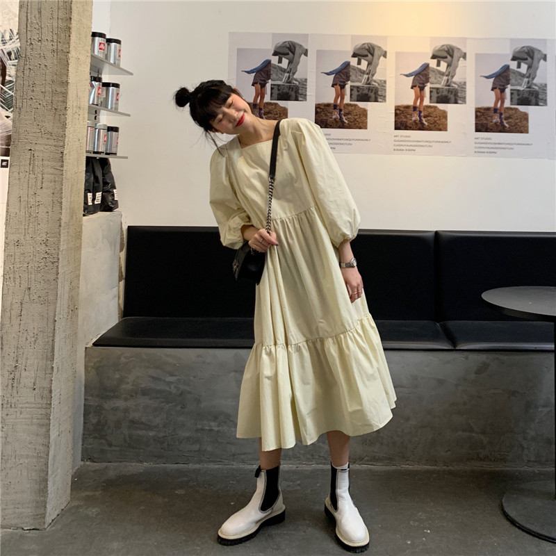 Comelsexy Women Dresses Loose Cotton Summer Dress Slim Solid Puff Sleeve Long Dresses Vestidos Casual Black Apricot Autumn 210515