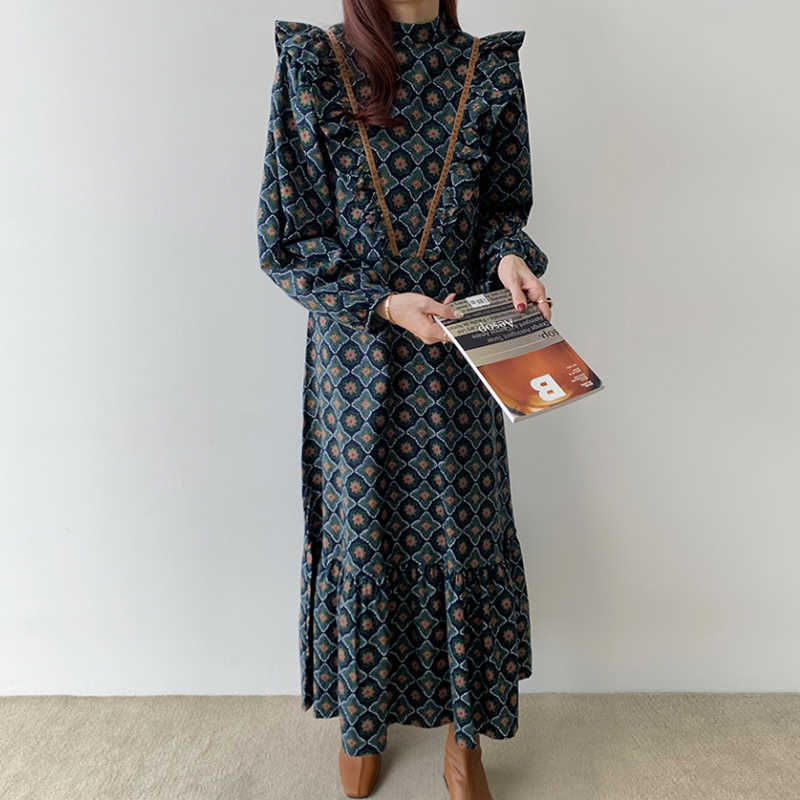 Korean Chic Court Style Full Print Slim Stand Loose Ruffle Trumpet / Mermaid Ankle-Length Dresses for Women 210615Z