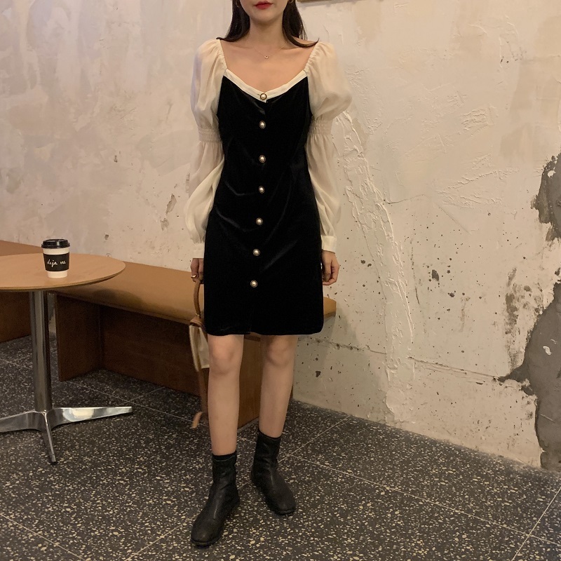 Nomikuma Korean Hit Color Patchwork Velour Dresses Puff Sleeve Square Collar Women Dress Spring New Vestidos Femme 6E978 210427