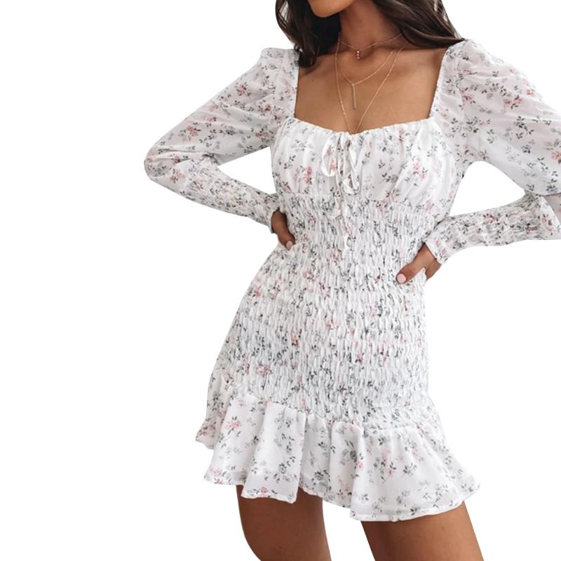 Women Fashion Pleated Ruffles Dress Summer Vintage Floral Square Collar Long-sleeved Chiffon Casual Dresses